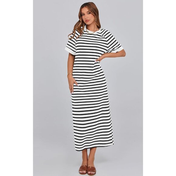Women's Summer Cotton-Polyester Striped Maxi Dress with Pockets and Slit - Picture 5 of 8